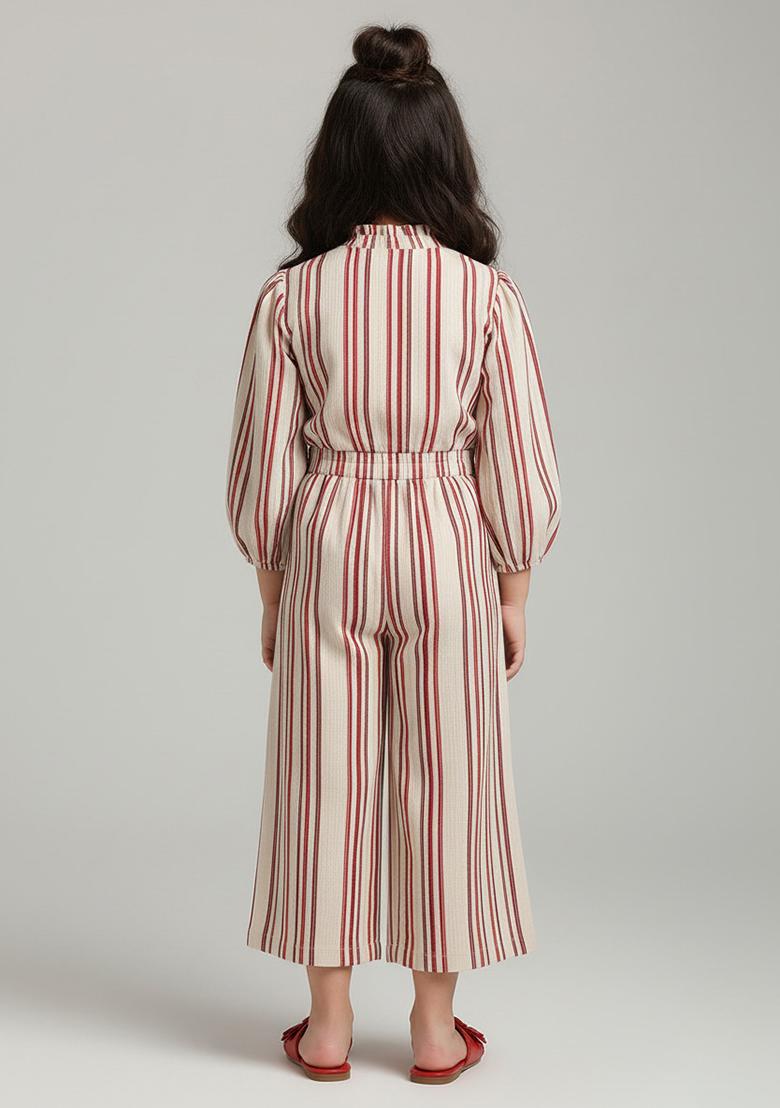 Girls White Cotton Striped Jumpsuit - Indya