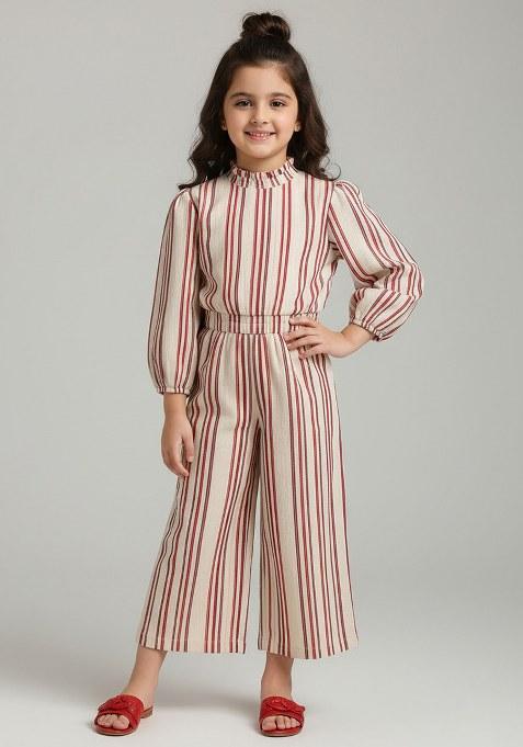 Girls White Cotton Striped Jumpsuit
