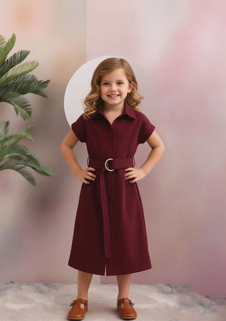 Girls Maroon Linen Dress - Indya