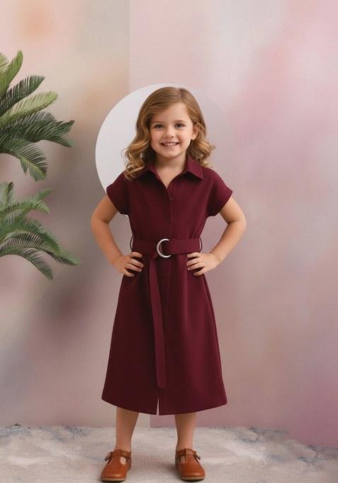 Girls Maroon Linen Dress