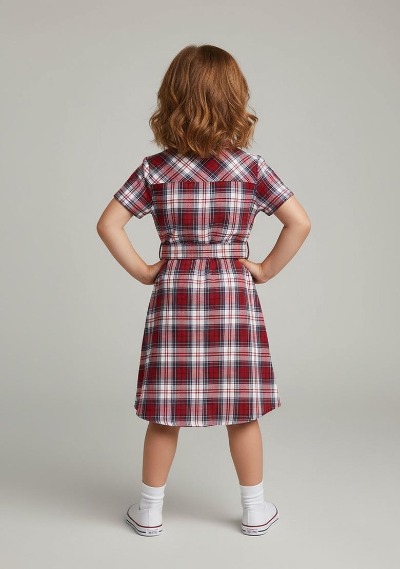 Girls Red Cotton Checked Dress