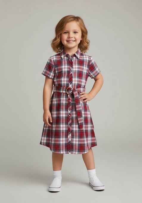 Girls Red Cotton Checked Dress