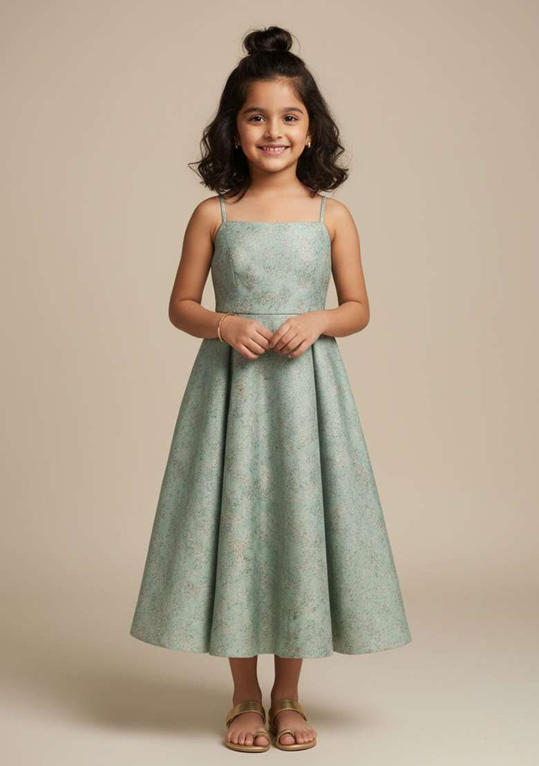 Girls Powder Blue Brocade Dress - Indya