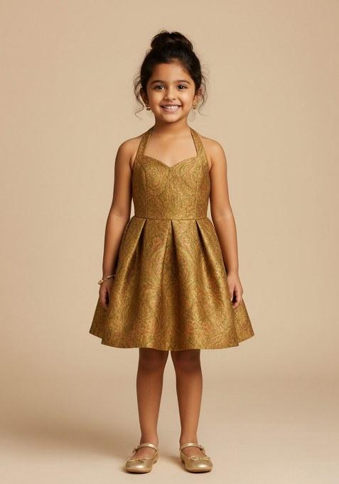 Girls Green Brocade Dress