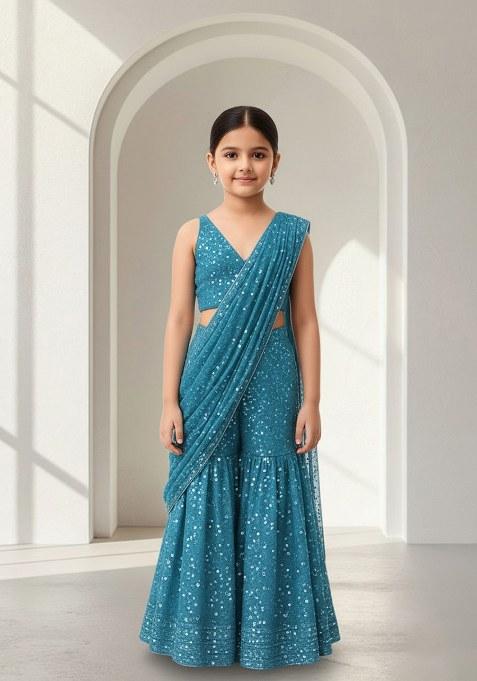 Girls Blue Georgette Embellished Fusion Set