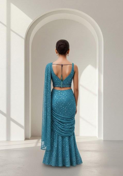 Girls Blue Georgette Embellished Fusion Set