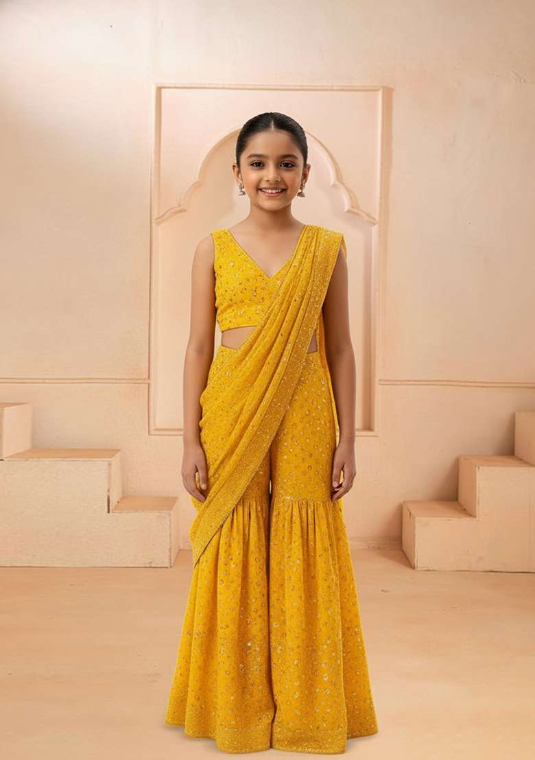 Girls Yellow Georgette Embellished Fusion Set - Indya