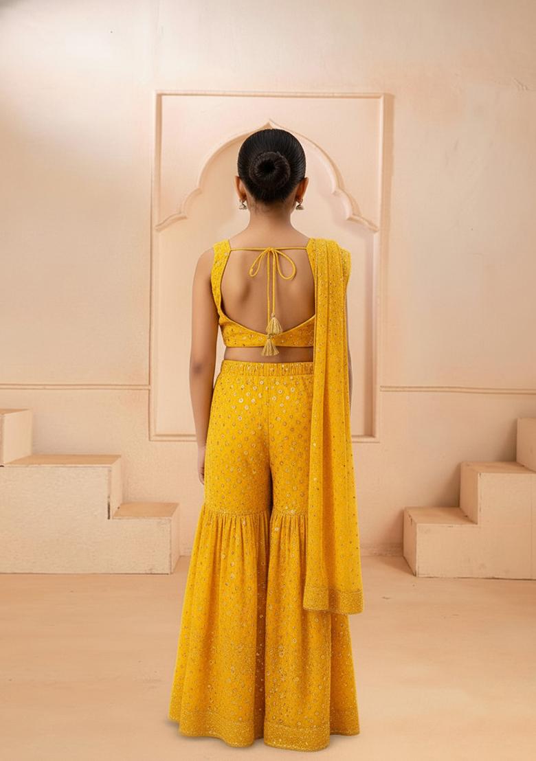 Girls Yellow Georgette Embellished Fusion Set - Indya