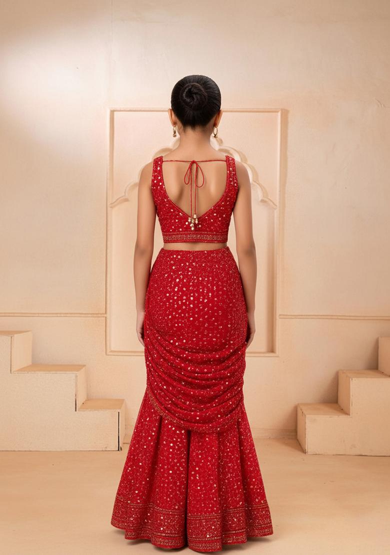 Girls Red Georgette Embellished Fusion Set