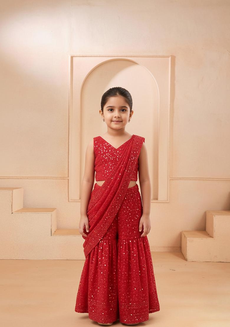 Girls Red Georgette Embellished Fusion Set