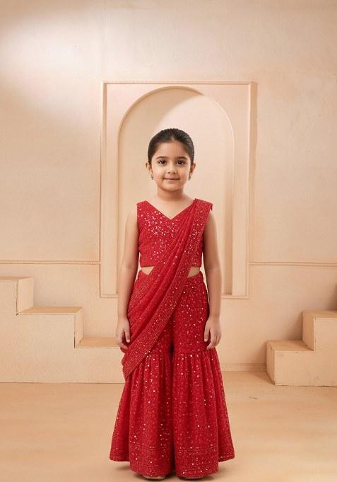 Girls Red Georgette Embellished Fusion Set