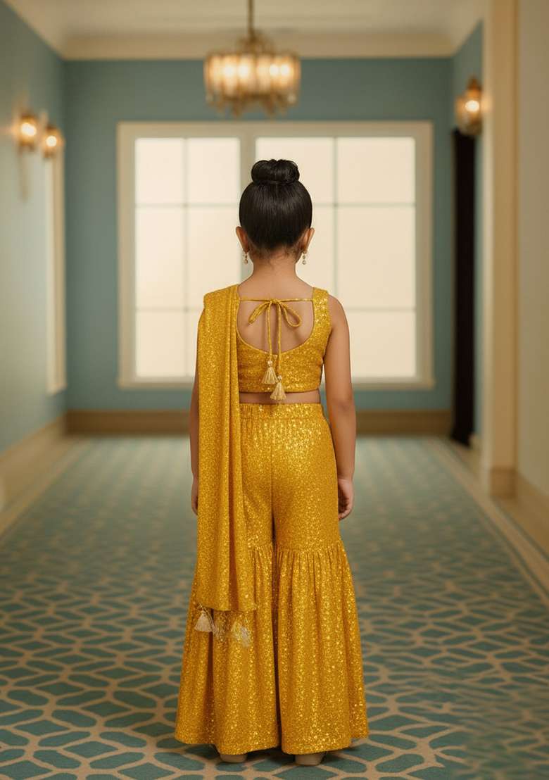 Girls Yellow Georgette Sequin Fusion Set - Indya