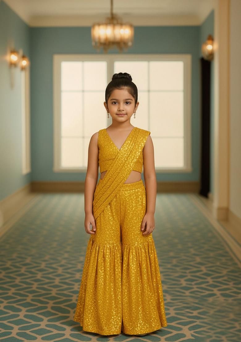 Girls Yellow Georgette Sequin Fusion Set - Indya