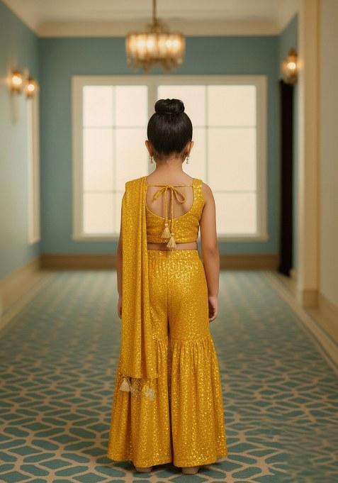 Girls Yellow Georgette Sequin Fusion Set