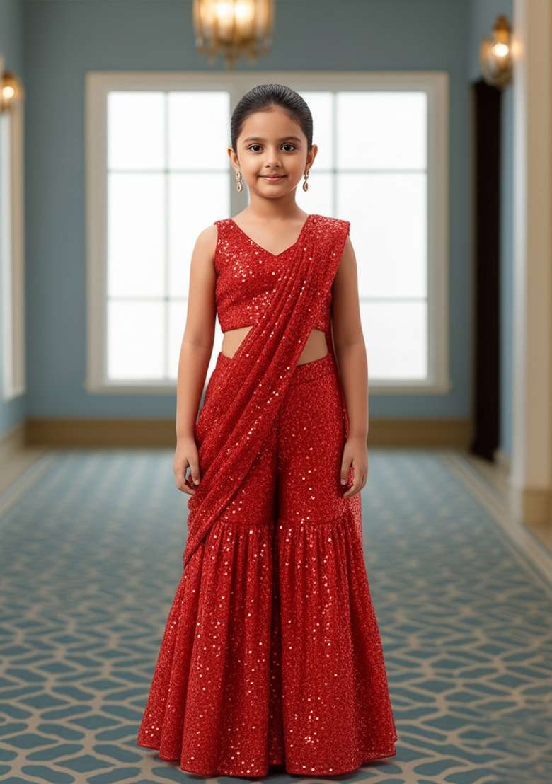 Girls Red Georgette Sequin Fusion Set - Indya