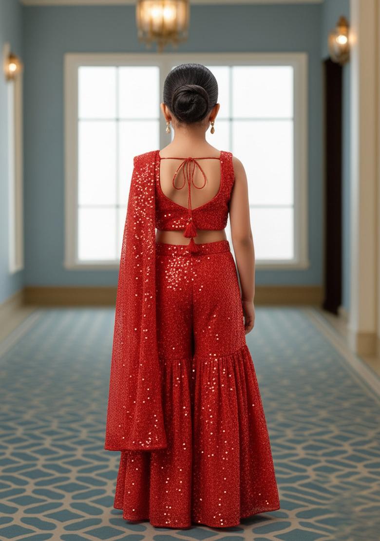 Girls Red Georgette Sequin Fusion Set - Indya