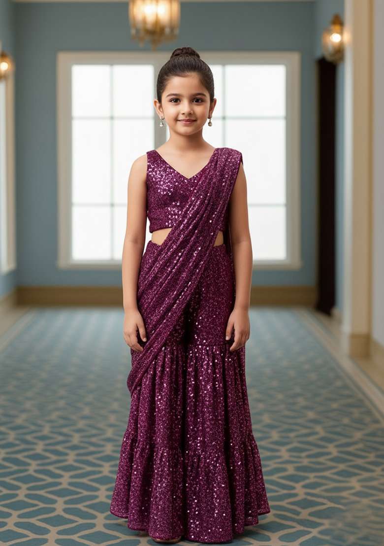 Girls Purple Georgette Sequin Fusion Set - Indya