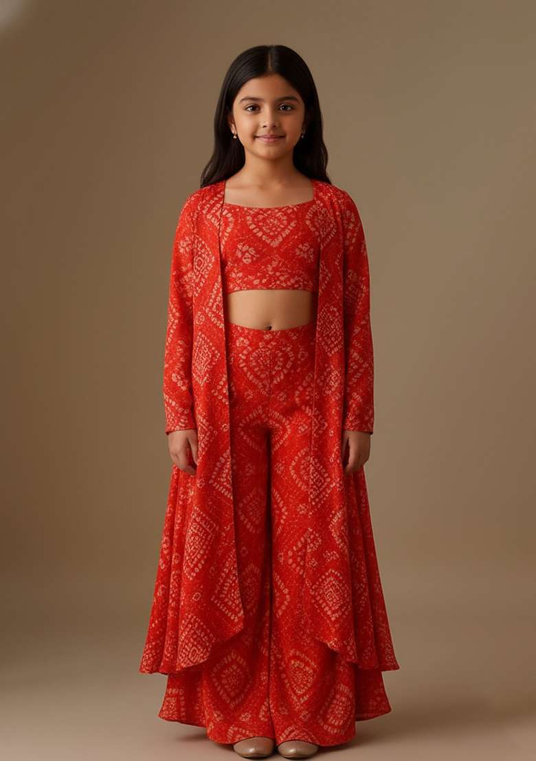 Girls Red Organza Bandhani Printed Fusion Set - Indya
