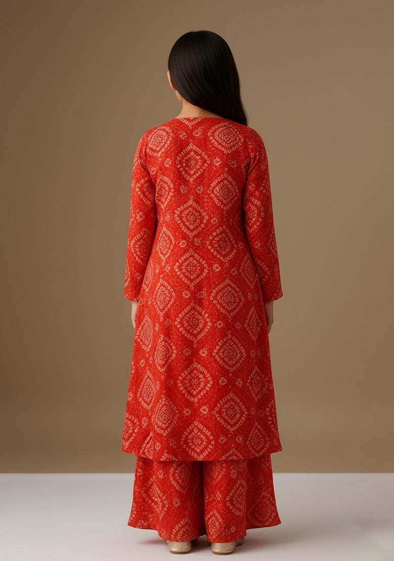 Girls Red Organza Bandhani Printed Fusion Set - Indya
