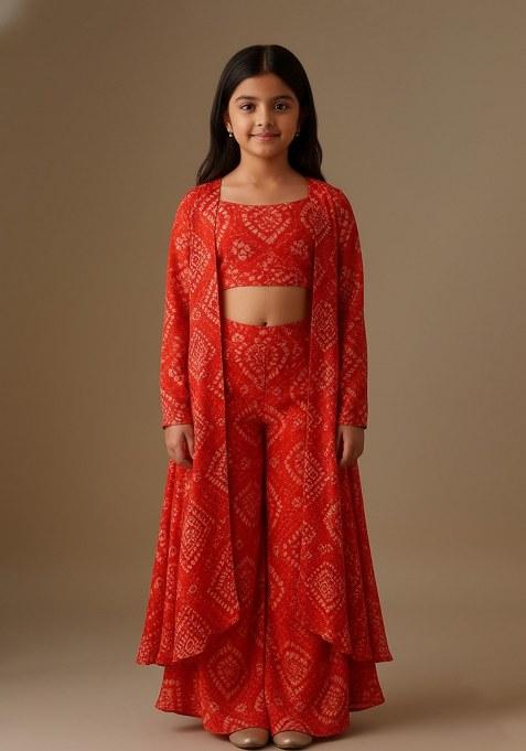 Girls Red Organza Bandhani Printed Fusion Set