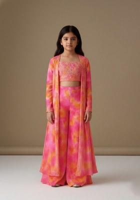 Girls Pink Organza Abstract Printed Fusion Set