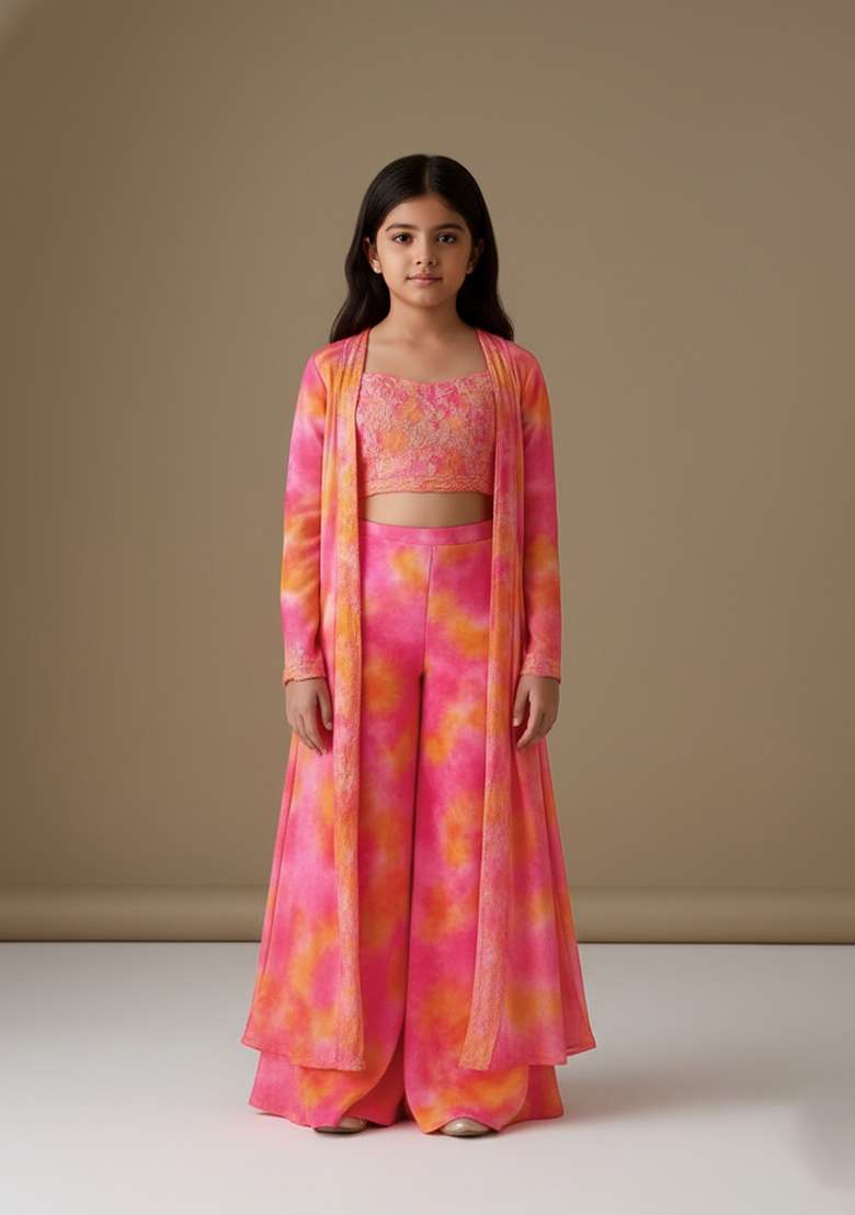 Girls Pink Organza Abstract Printed Fusion Set - Indya