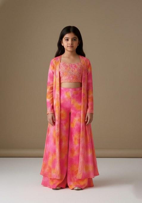Girls Pink Organza Abstract Printed Fusion Set