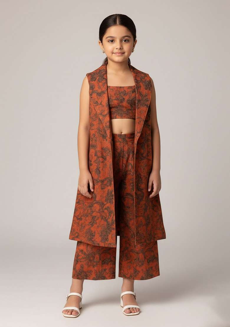Girls Light Brown Silk Floral Printed Fusion Set - Indya