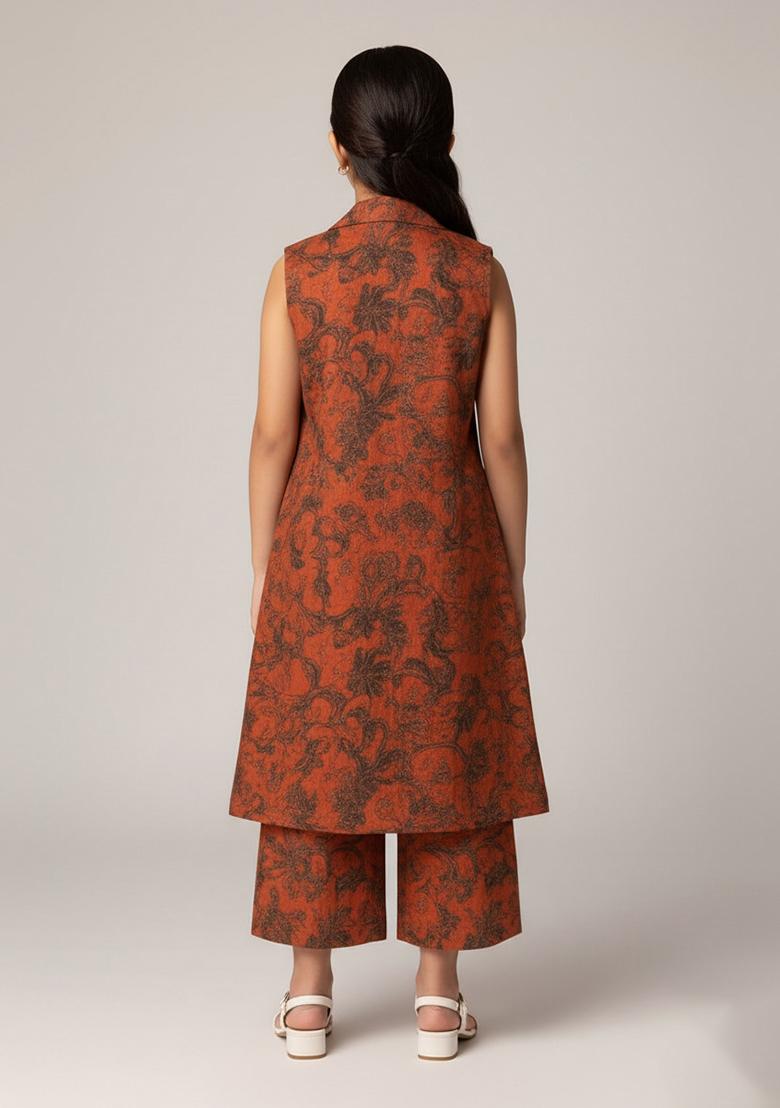 Girls Light Brown Silk Floral Printed Fusion Set - Indya