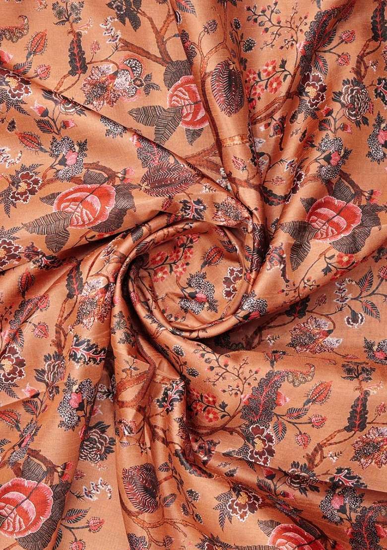 Girls Light Brown Silk Floral Printed Fusion Set - Indya