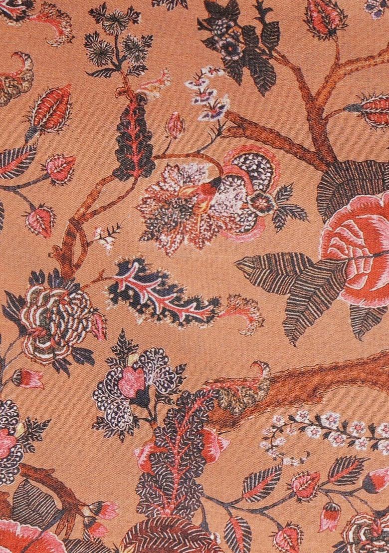 Girls Light Brown Silk Floral Printed Fusion Set - Indya