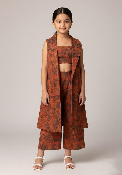 Girls Light Brown Silk Floral Printed Fusion Set