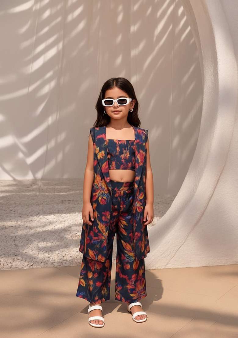 Girls Purple Silk Floral Printed Fusion Set - Indya