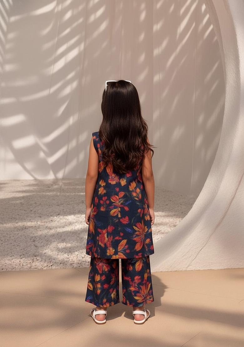 Girls Purple Silk Floral Printed Fusion Set - Indya