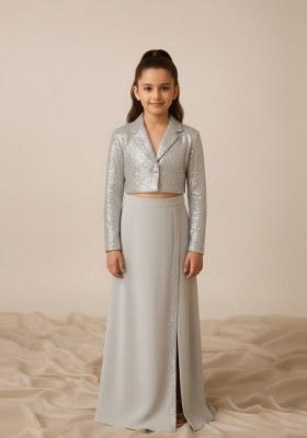 Girls Grey Satin Sequin Jacket Fusion Set