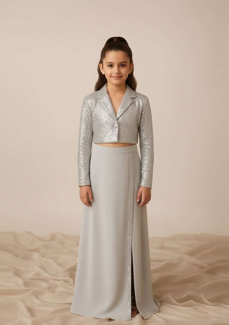 Girls Grey Satin Sequin Jacket Fusion Set - Indya