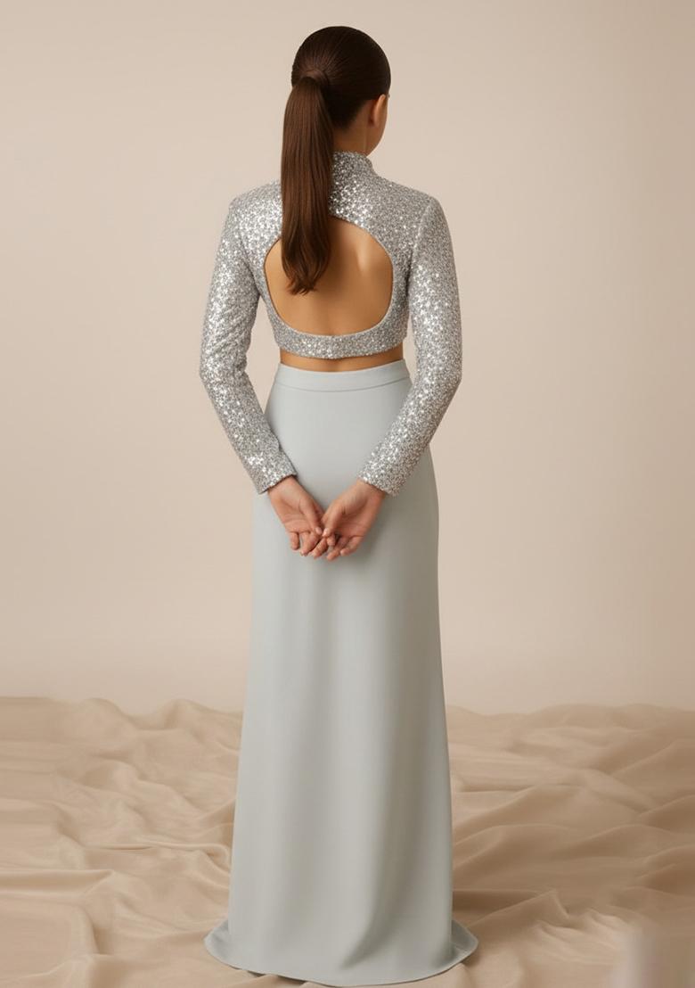 Girls Grey Satin Sequin Jacket Fusion Set - Indya