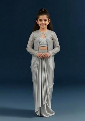 Girls Silver Satin Embellished Jacket Fusion Set