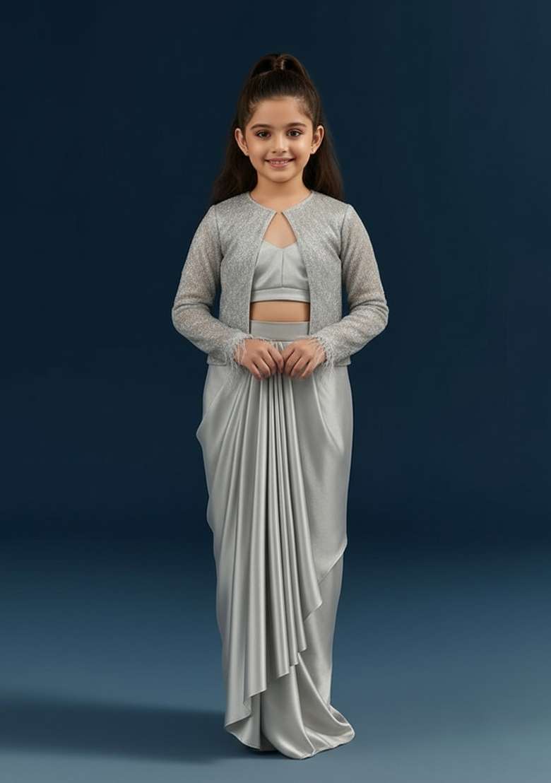 Girls Silver Satin Embellished Jacket Fusion Set - Indya