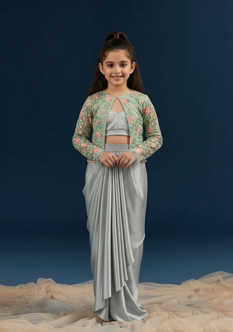 Girls Mint Green Embroidered Jacket Fusion Set - Indya