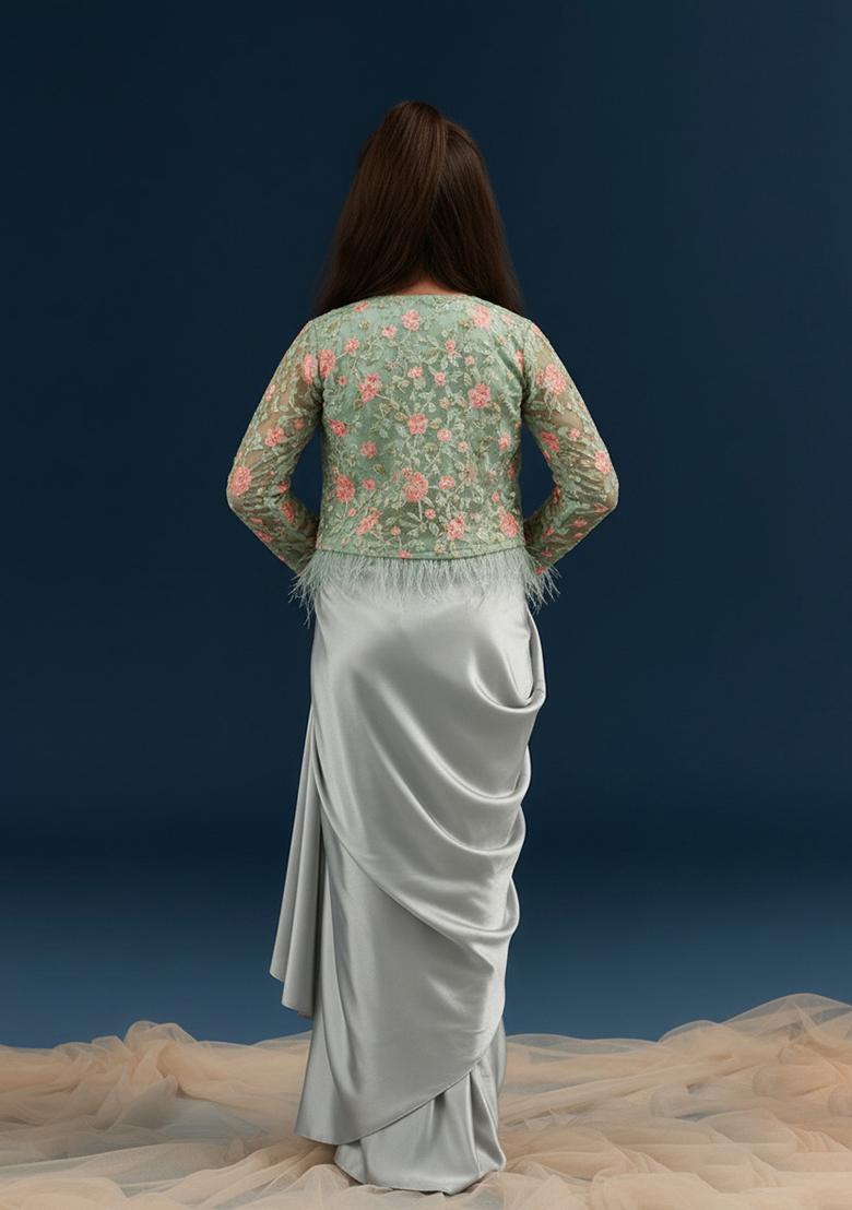 Girls Mint Green Embroidered Jacket Fusion Set - Indya