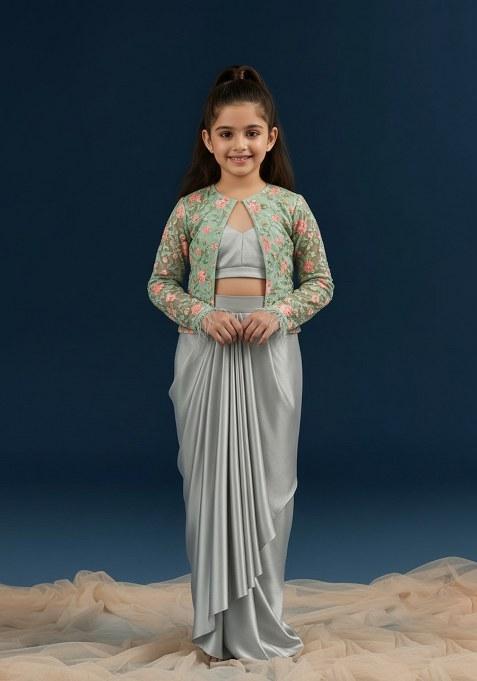 Girls Mint Green Embroidered Jacket Fusion Set