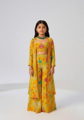 Girls Yellow Chiffon Floral Printed Fusion Set