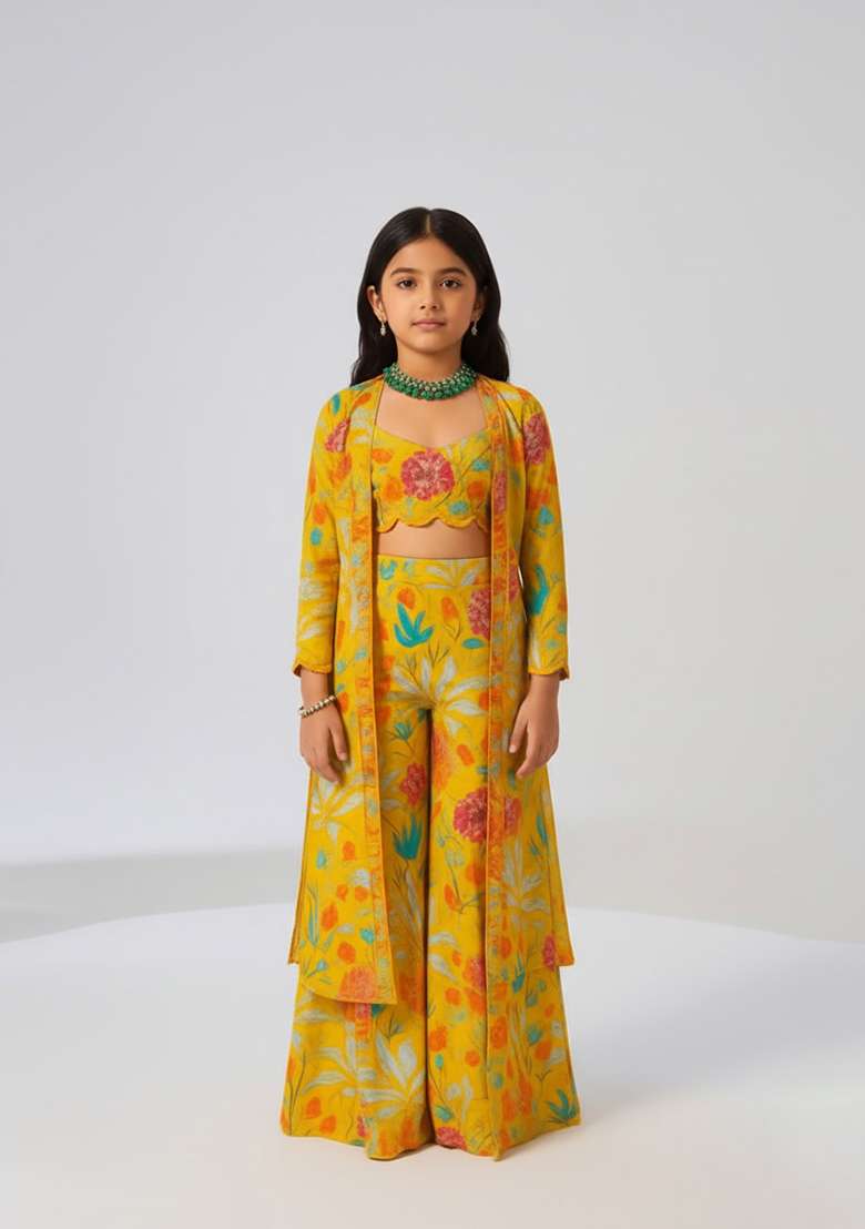 Girls Yellow Chiffon Floral Printed Fusion Set - Indya