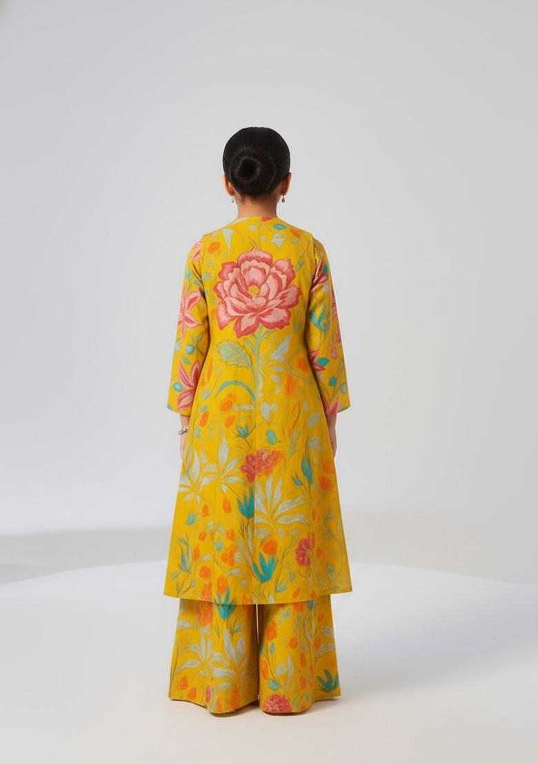 Girls Yellow Chiffon Floral Printed Fusion Set - Indya
