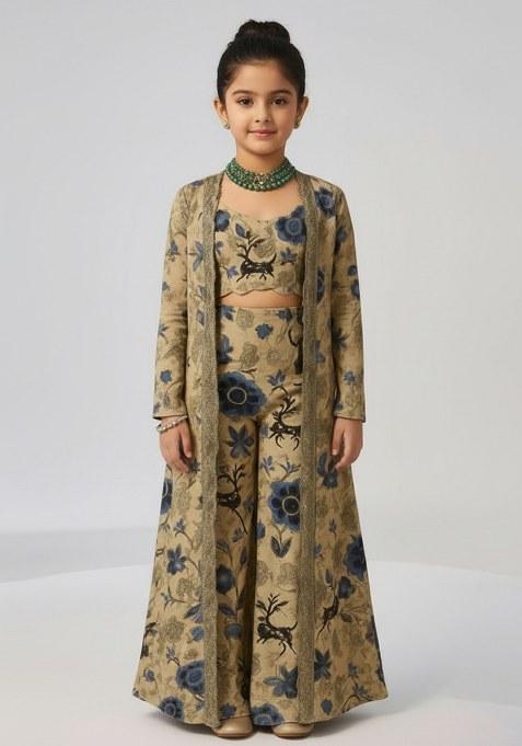 Girls Beige Chiffon Floral Printed Fusion Set