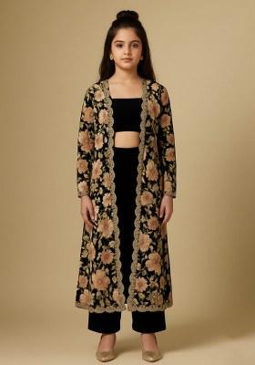 Girls Black Velvet Floral Print Fusion Set