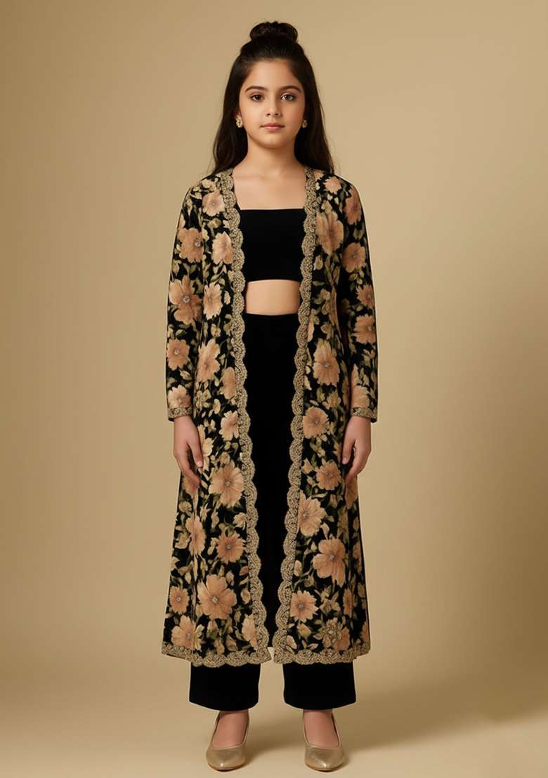 Girls Black Velvet Floral Print Fusion Set - Indya