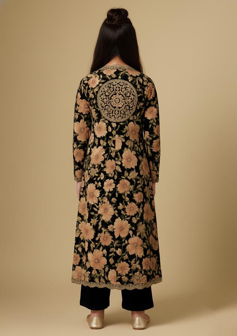 Girls Black Velvet Floral Print Fusion Set - Indya