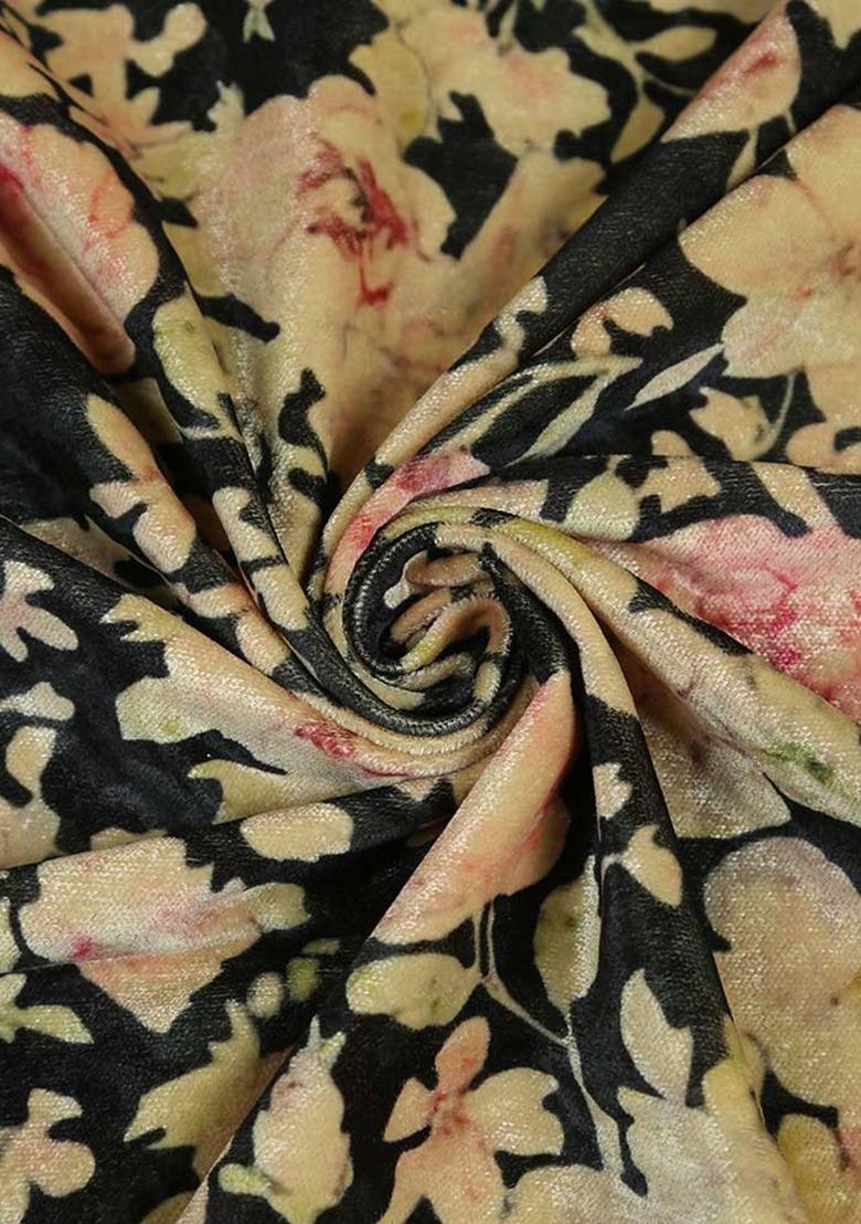 Girls Black Velvet Floral Print Fusion Set - Indya